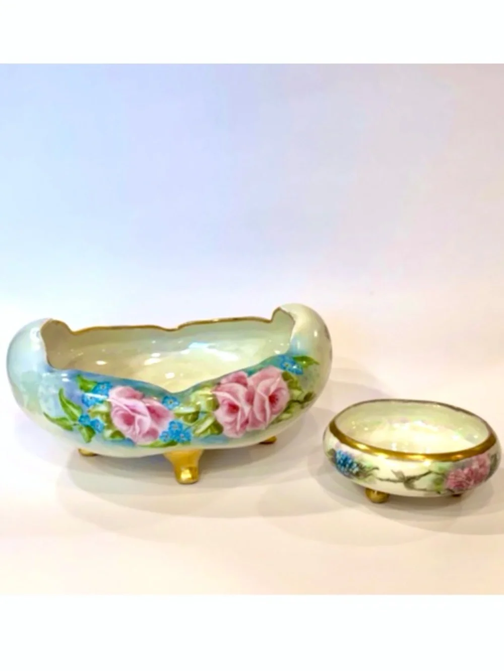 Antique Hand Painted Porcelain Footed Bowl Set 2pc Signed by Howe Royal Austria